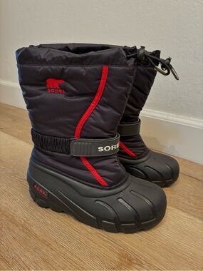 Sorel Flurry Black/Bright Red Winter Snow Boots Kids Shoes Size US 3 EU 34 21cm